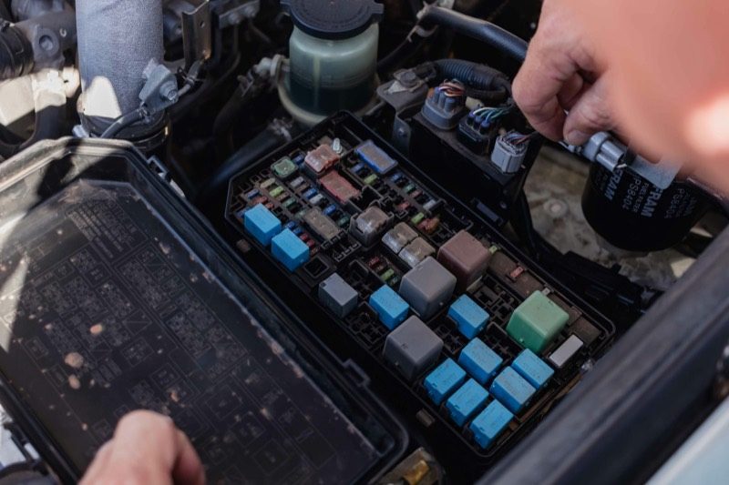 Hands inspecting a vehicle fuse box during diagnostics